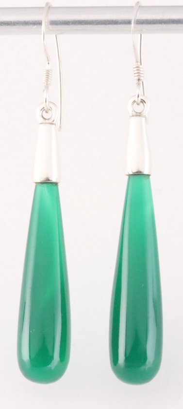 Lange zilveren pegel oorbellen met groene agaat afbeelding 1