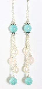 Lange zilveren oorbellen met turkoois, rozenkwarts en parel afbeelding 1