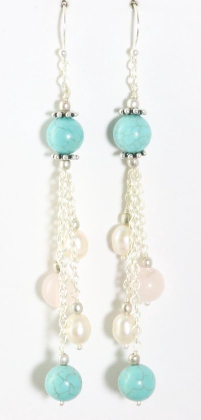 Lange zilveren oorbellen met turkoois, rozenkwarts en parel afbeelding 1