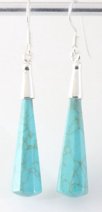 Lange zilveren oorbellen met pegels groene turkoois afbeelding 1