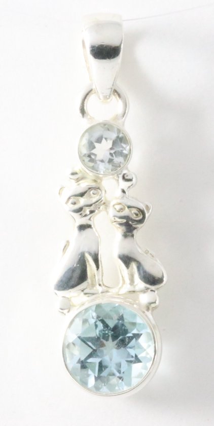 Zilveren hanger met blauwe topaas en katten afbeelding 1