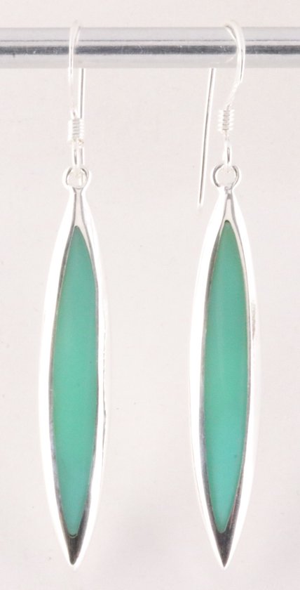 Lange fijne zilveren oorbellen met groene turkoois afbeelding 1