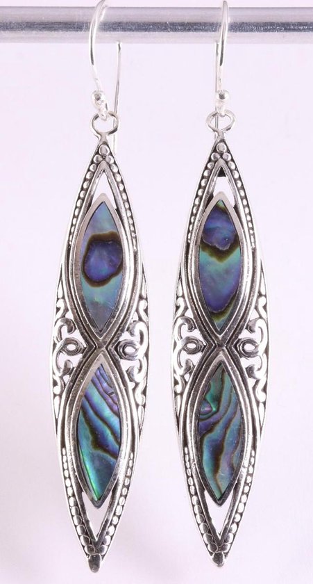 Lange bewerkte zilveren oorbellen met abalone schelp afbeelding 1