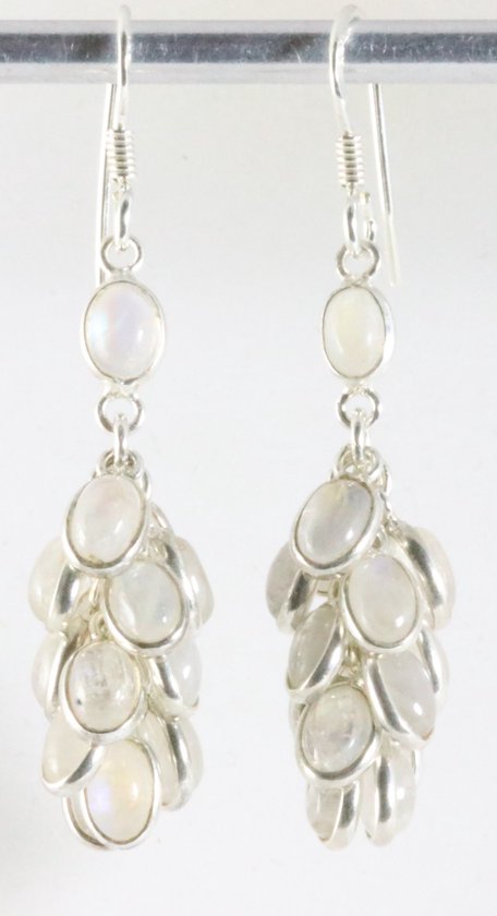 Lange trosvormige zilveren oorbellen met regenboog maansteen afbeelding 1