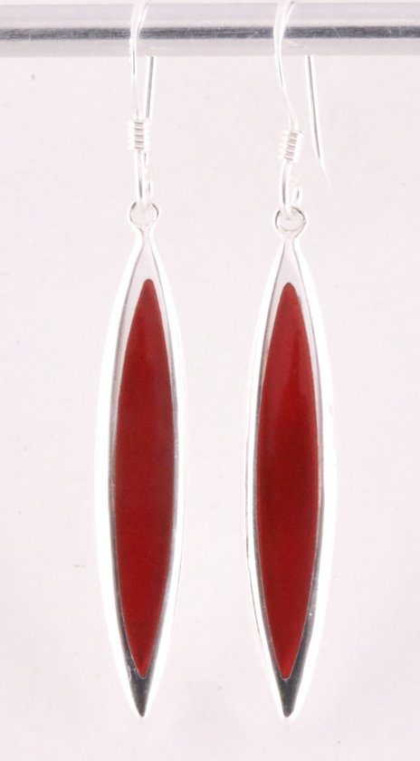 Lange fijne zilveren oorbellen met rode koraal steen afbeelding 1