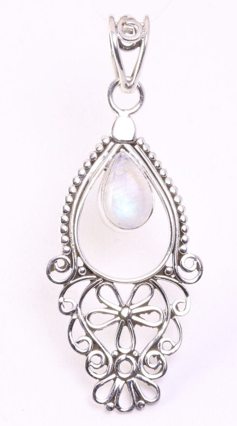 Fijne lange opengewerkte zilveren hanger met regenboog maansteen afbeelding 1