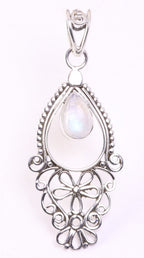 Fijne lange opengewerkte zilveren hanger met regenboog maansteen afbeelding 1