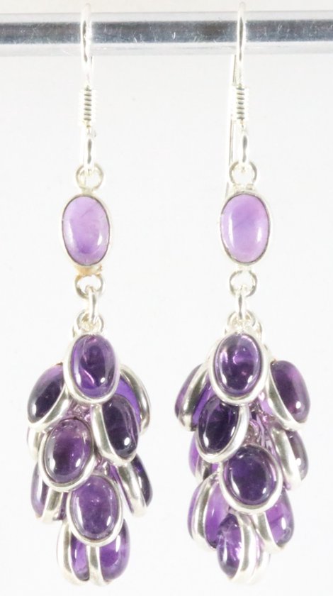 Lange trosvormige zilveren oorbellen met amethist afbeelding 1