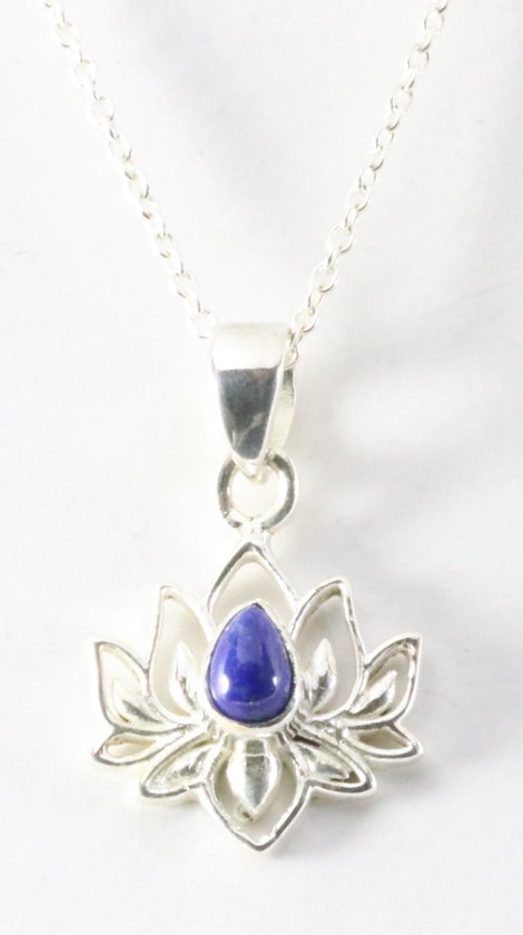 Fijne zilveren lotus hanger met lapis lazuli aan ketting afbeelding 1