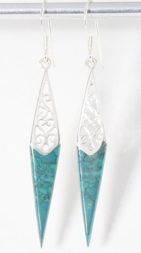 Lange opengewerkte zilveren oorbellen met chrysocolla afbeelding 1