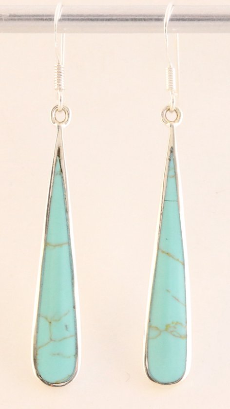 Lange druppelvormige zilveren oorbellen met groene turkoois afbeelding 1
