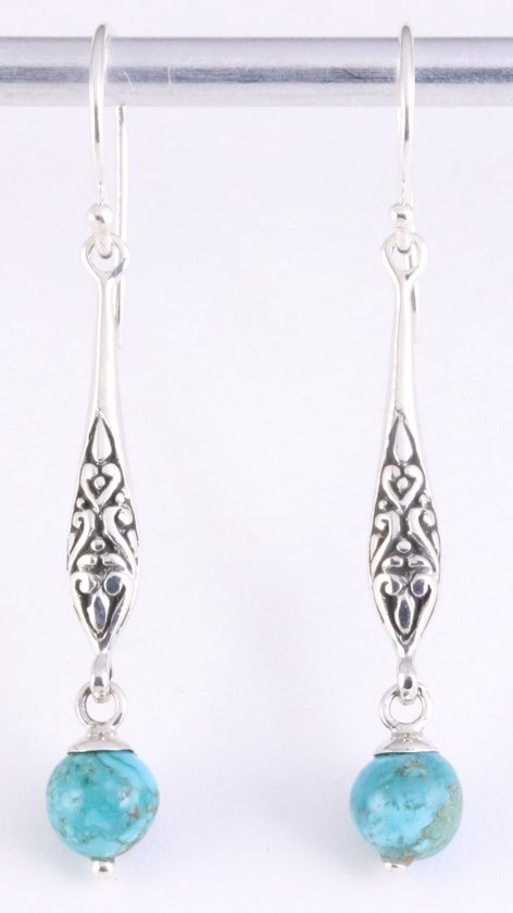 Lange fijn bewerkte zilveren oorbellen met turkoois afbeelding 1