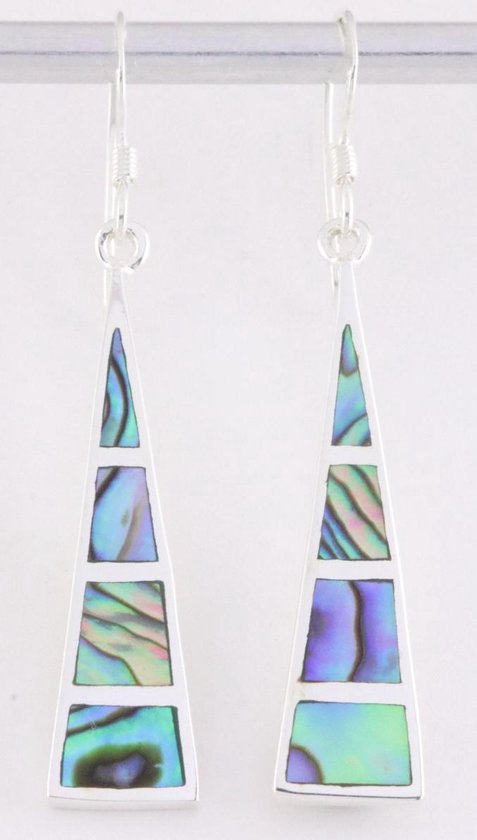 Lange driehoekige zilveren oorbellen met abalone schelp afbeelding 1