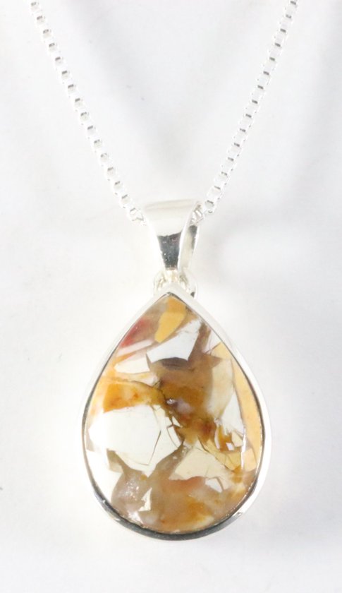 Druppelvormige zilveren hanger met mookaiet aan ketting afbeelding 1