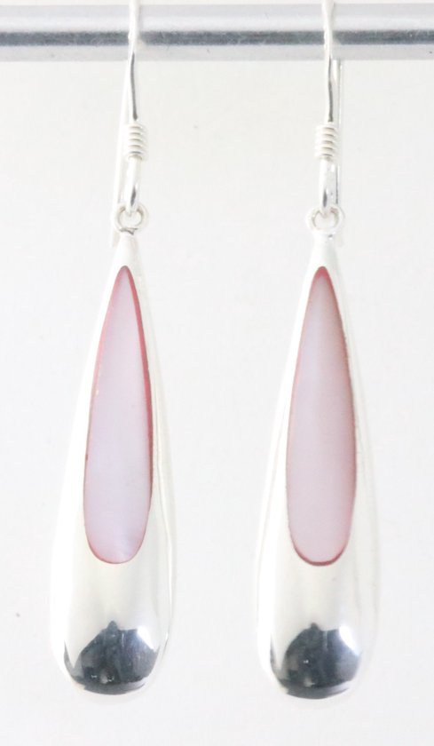 Lange druppelvormige zilveren oorbellen met roze parelmoer afbeelding 1