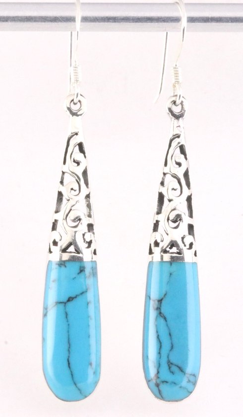 Lange opengewerkte zilveren oorbellen met blauwe turkoois afbeelding 1