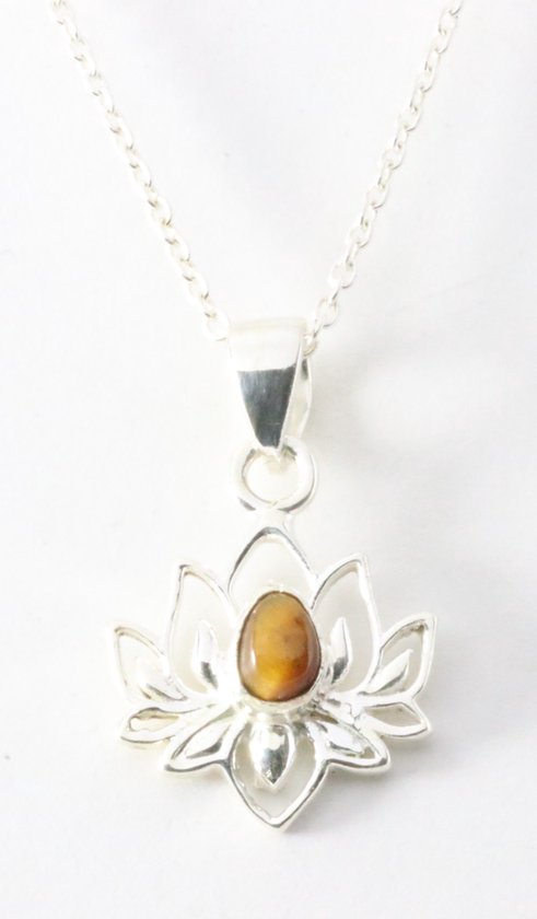 Fijne zilveren lotus hanger met tijgeroog aan ketting afbeelding 1