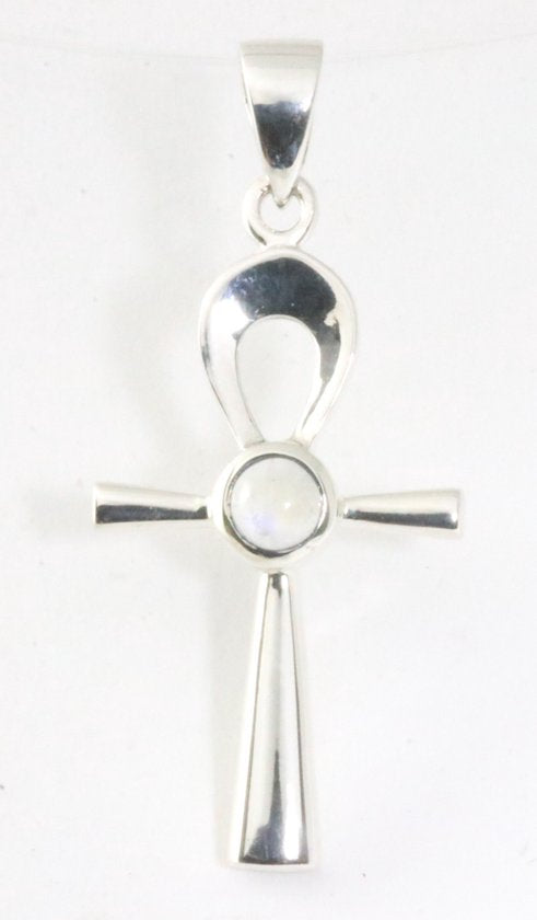 Fijne zilveren ankh hanger met regenboog maansteen afbeelding 1