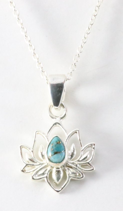 Fijne zilveren lotus hanger met blauwe koperturkoois aan ketting afbeelding 1