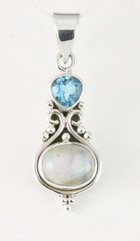 Bewerkte zilveren hanger met regenboog maansteen en blauwe topaas afbeelding 1
