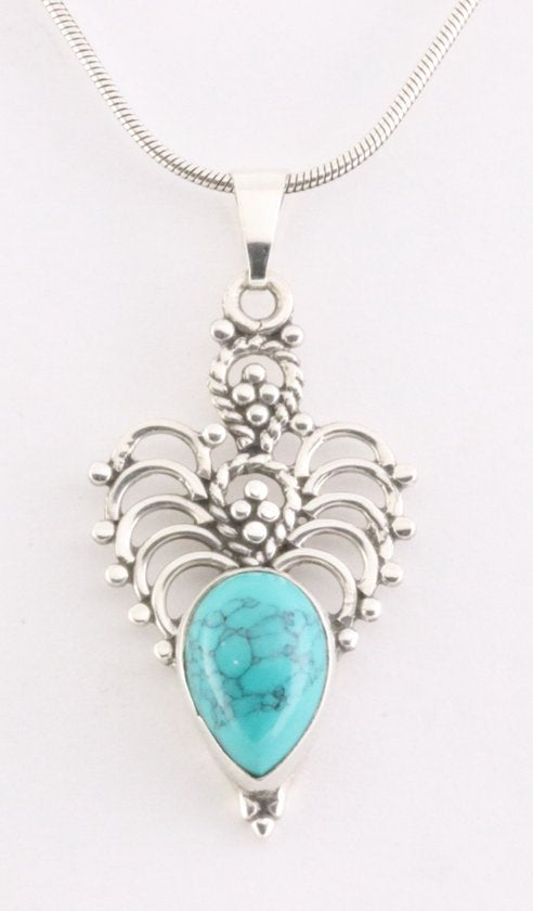 Fijne opengewerkte zilveren hanger met turkoois aan ketting afbeelding 1