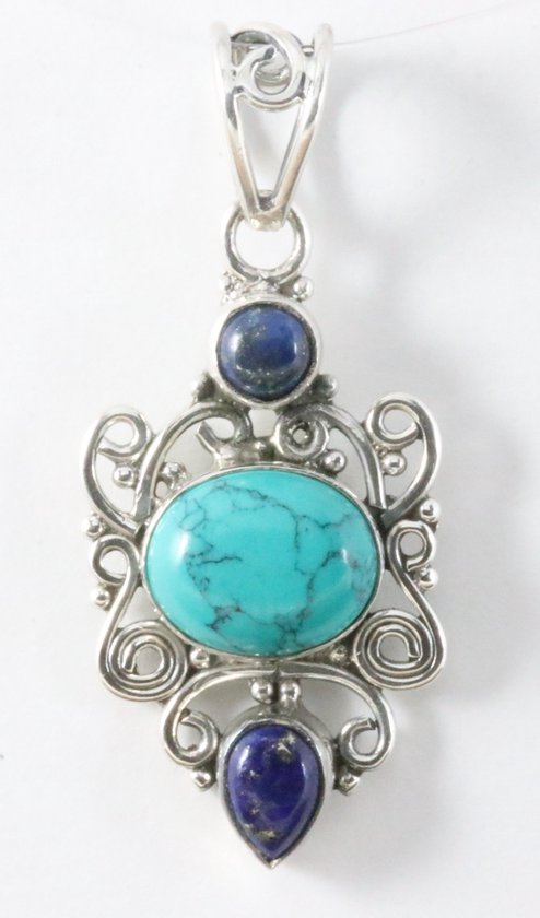 Opengewerkte zilveren hanger met turkoois en lapis lazuli afbeelding 1