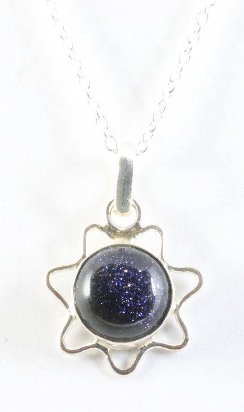 Fijne opengewerkte zilveren hanger met blauwe zonnesteen aan ketting afbeelding 1