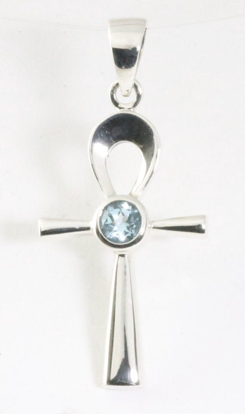 Fijne zilveren ankh hanger met blauwe topaas afbeelding 1