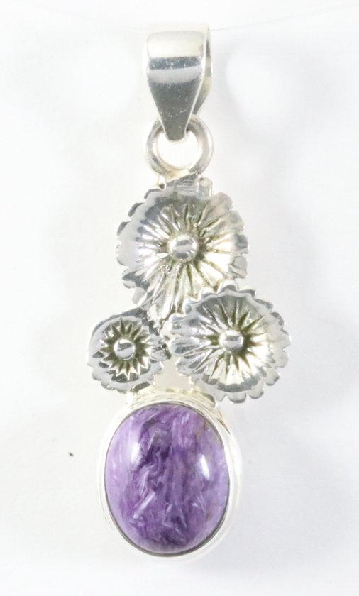 Zilveren bloemen hanger met paarse charoiet afbeelding 1