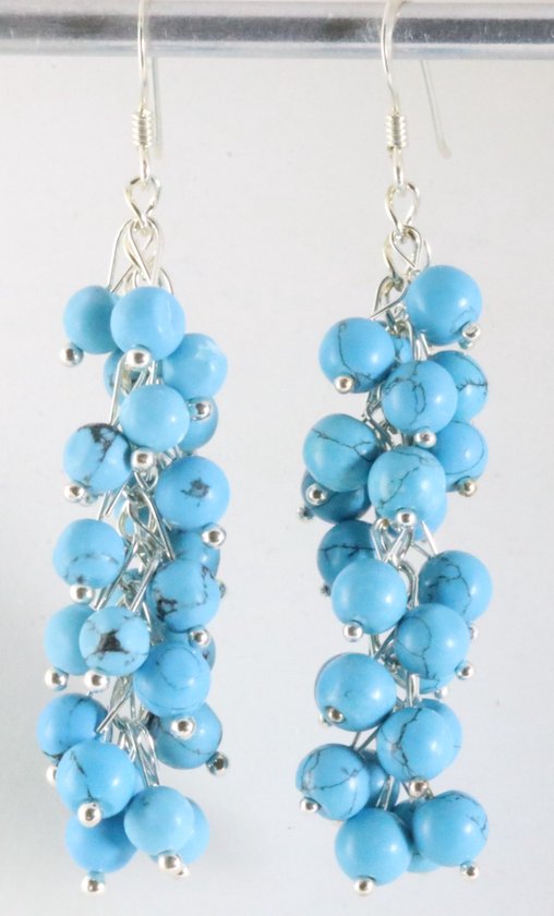Lange trosvormige zilveren oorbellen met blauwe turkoois afbeelding 1