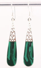 Lange opengewerkte zilveren oorbellen met malachiet afbeelding 1