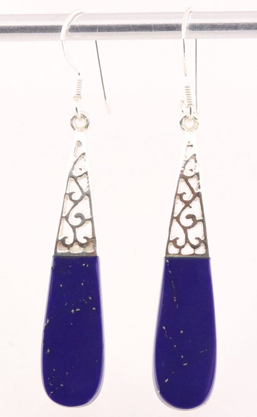 Lange opengewerkte zilveren oorbellen met lapis lazuli afbeelding 1