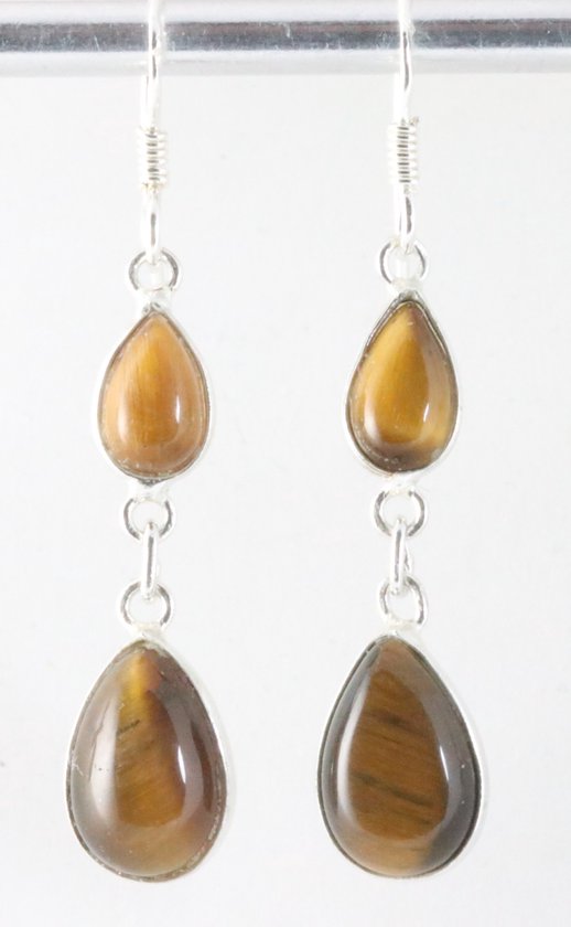 Fijne lange zilveren oorbellen met tijgeroog afbeelding 1