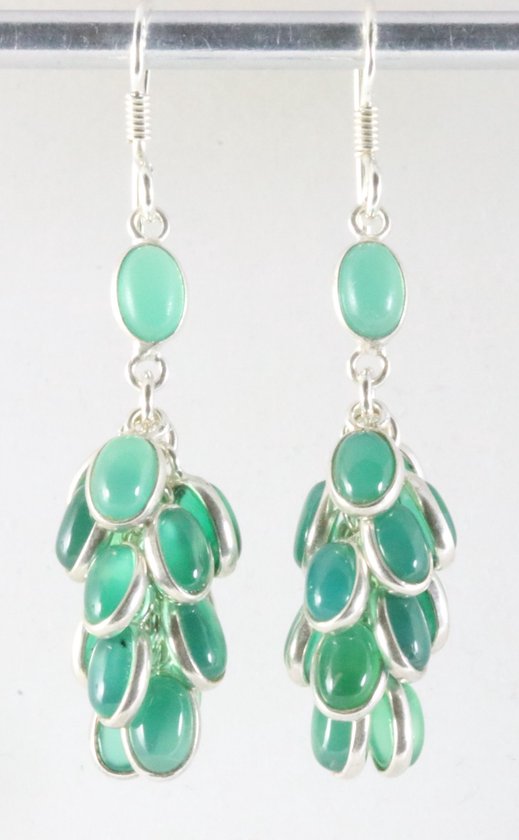 Lange trosvormige zilveren oorbellen met groene onyx afbeelding 1