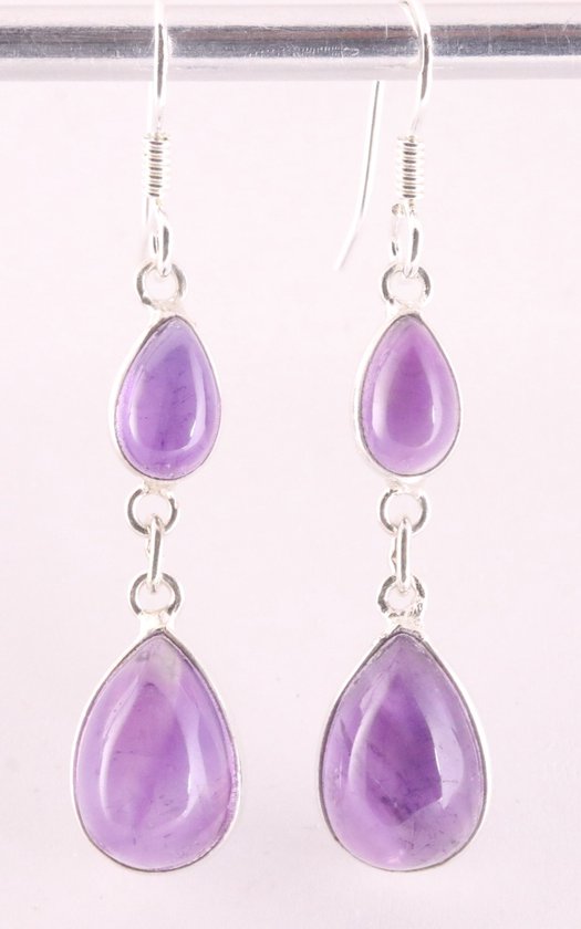 Fijne lange zilveren oorbellen met amethist afbeelding 1