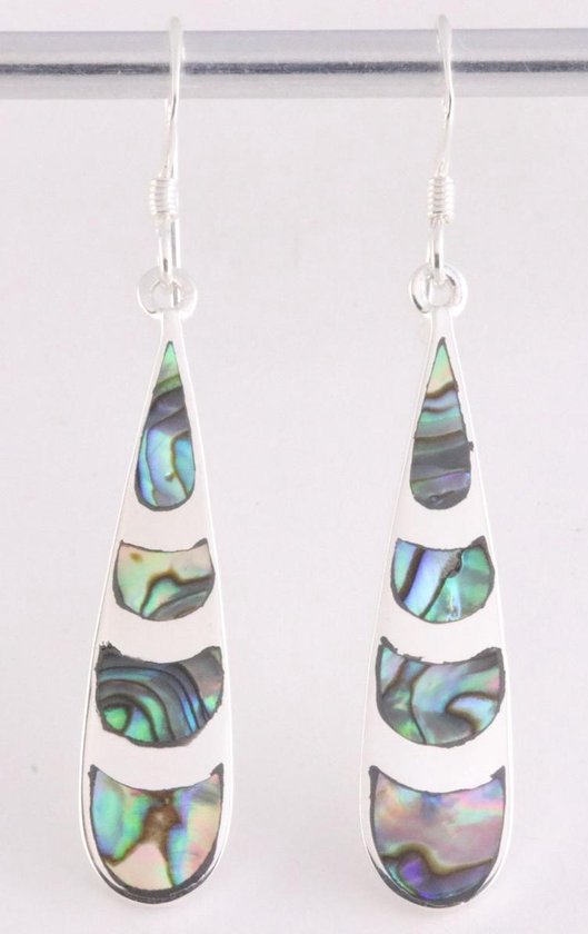 Lange druppelvormige zilveren oorbellen met abalone schelp afbeelding 1