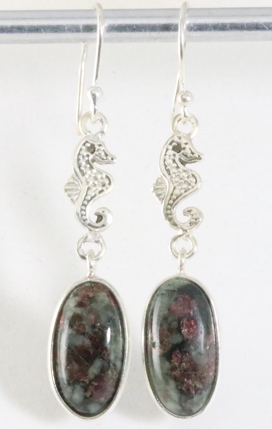 Zilveren oorbellen met zeepaardje en eudialiet steen afbeelding 1