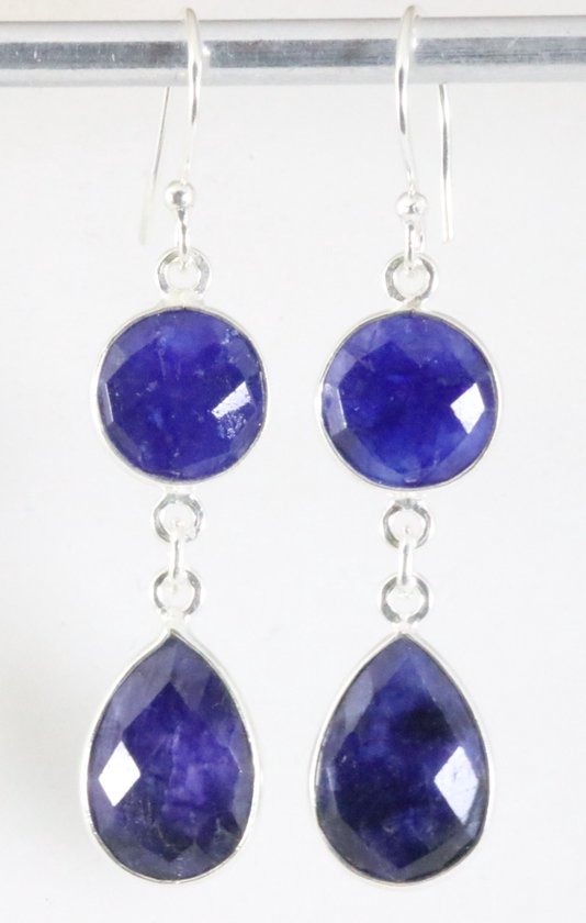 Lange zilveren oorbellen met blauwe saffier afbeelding 1