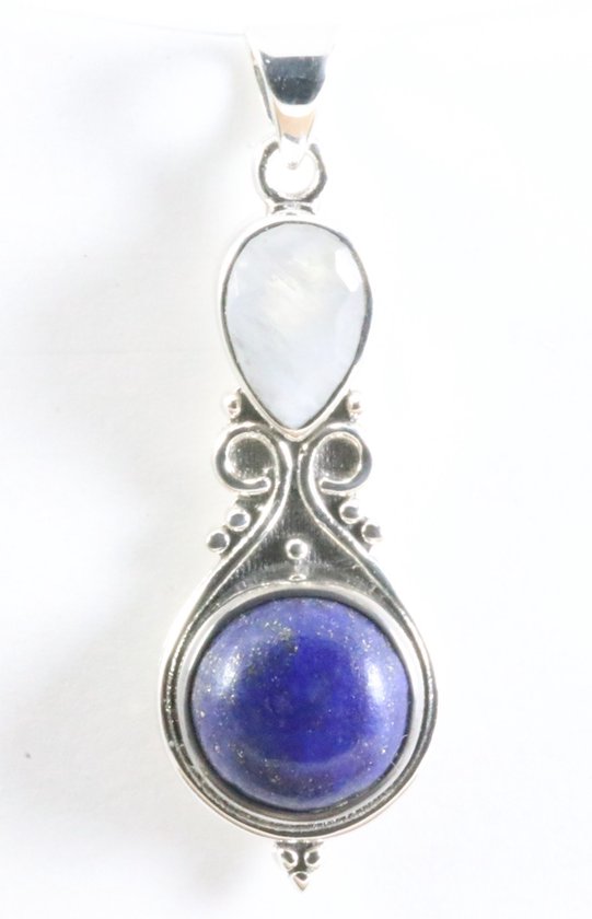 Bewerkte zilveren hanger met lapis lazuli en regenboog maansteen afbeelding 1