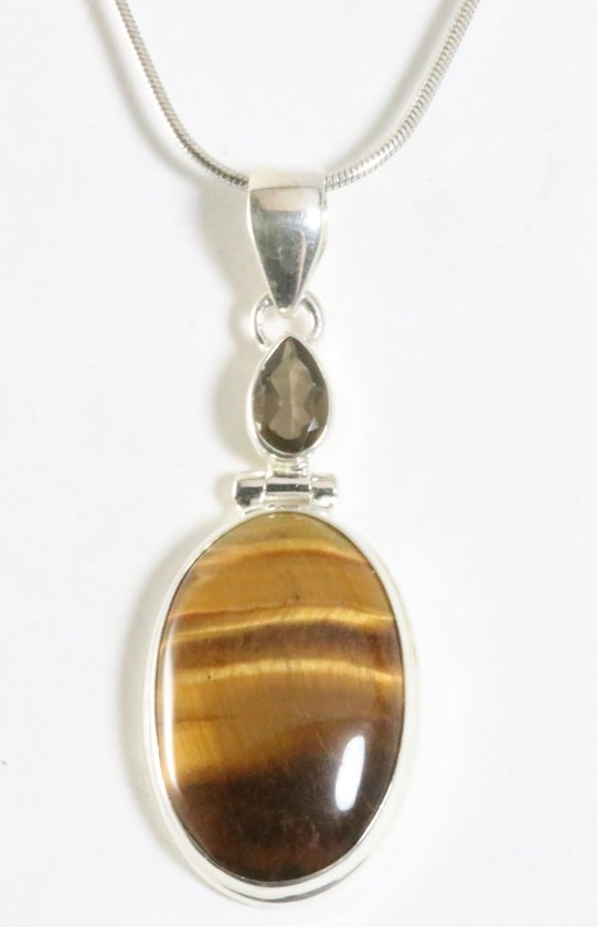 Zilveren hanger met rookkwarts en tijgeroog aan ketting afbeelding 1