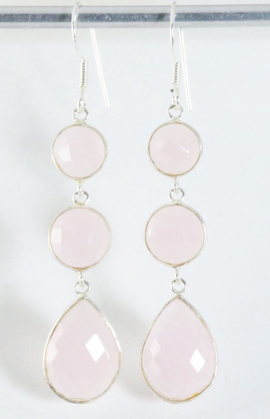 Lange zilveren oorbellen met rozenkwarts afbeelding 1