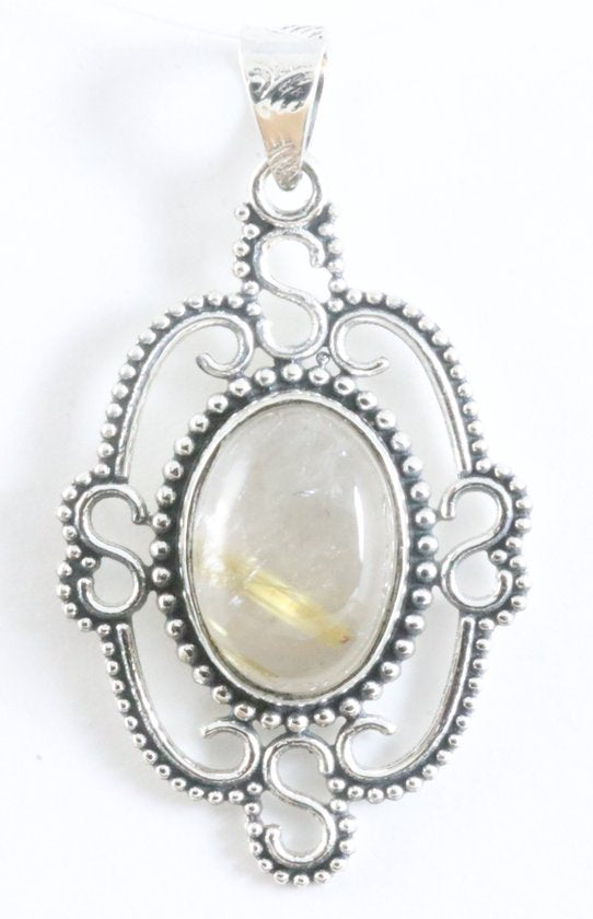 Opengewerkte zilveren hanger met gouden rutielkwarts afbeelding 1