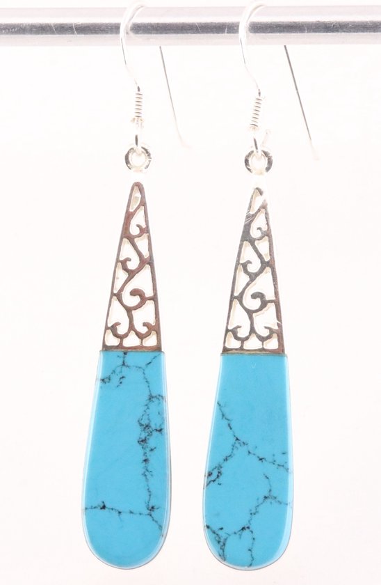 Lange opengewerkte zilveren oorbellen met blauwe turkoois afbeelding 1