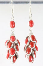 Lange trosvormige zilveren oorbellen met rode koraal steen afbeelding 1