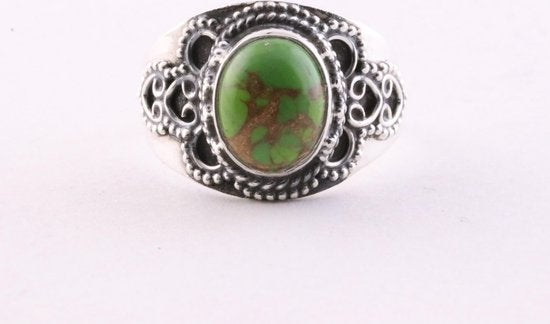 Bewerkte zilveren ring met groene koper turkoois afbeelding 2