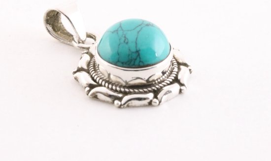 Ronde bewerkte zilveren hanger met turkoois afbeelding 2