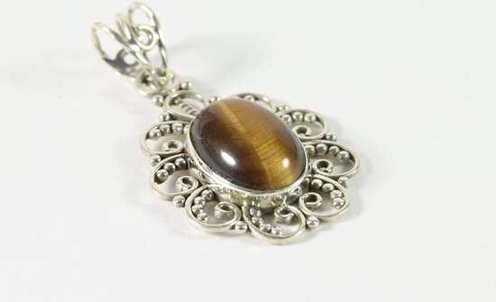 Opengewerkte zilveren hanger met tijgeroog afbeelding 2