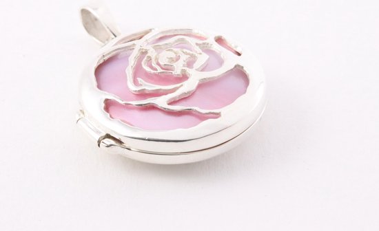 Rond bewerkt zilveren medaillon met roze parelmoer afbeelding 2