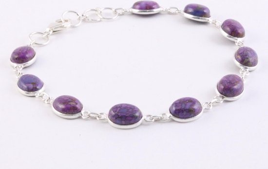 Fijne zilveren schakelarmband met paarse koperturkoois afbeelding 2