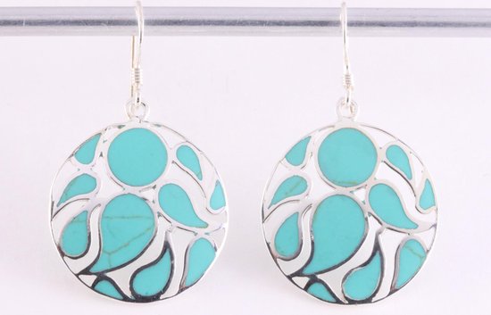 Ronde opengewerkte zilveren oorbellen met groene turkoois afbeelding 4